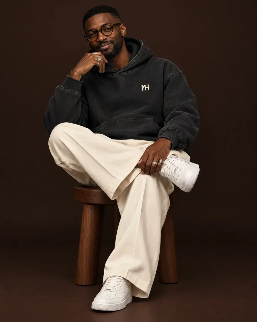 Man with deep brown skin and round glasses seated in a washed-black hoodie with a small cream MH monogram