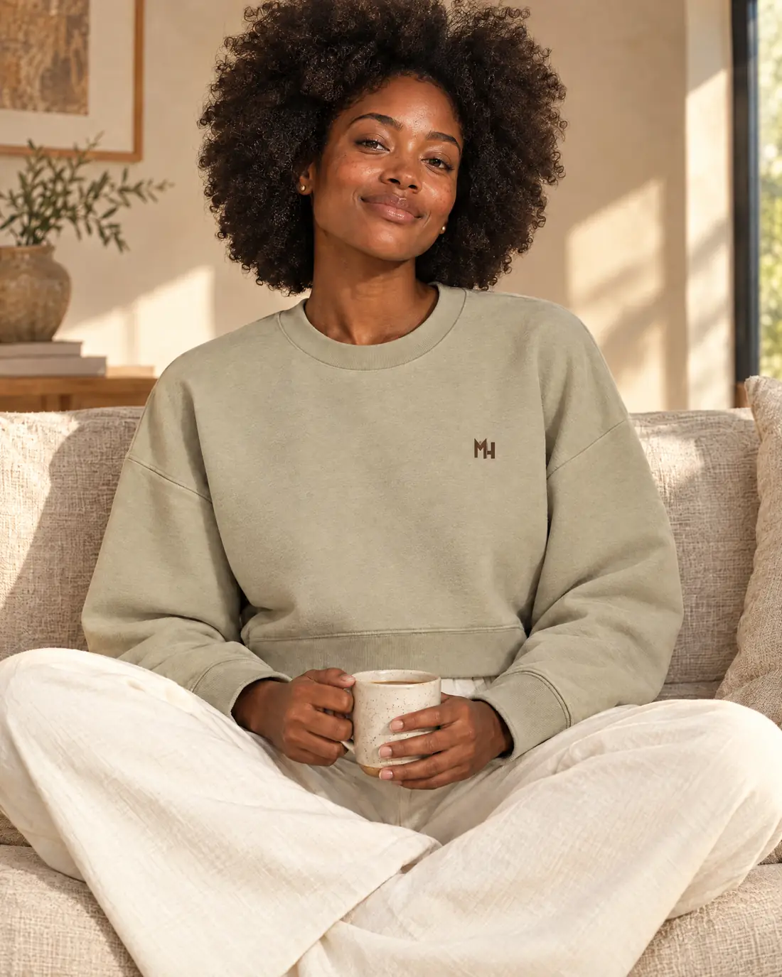 A woman with a natural afro in a khaki crewneck with a small MH monogram embroidered in espresso thread