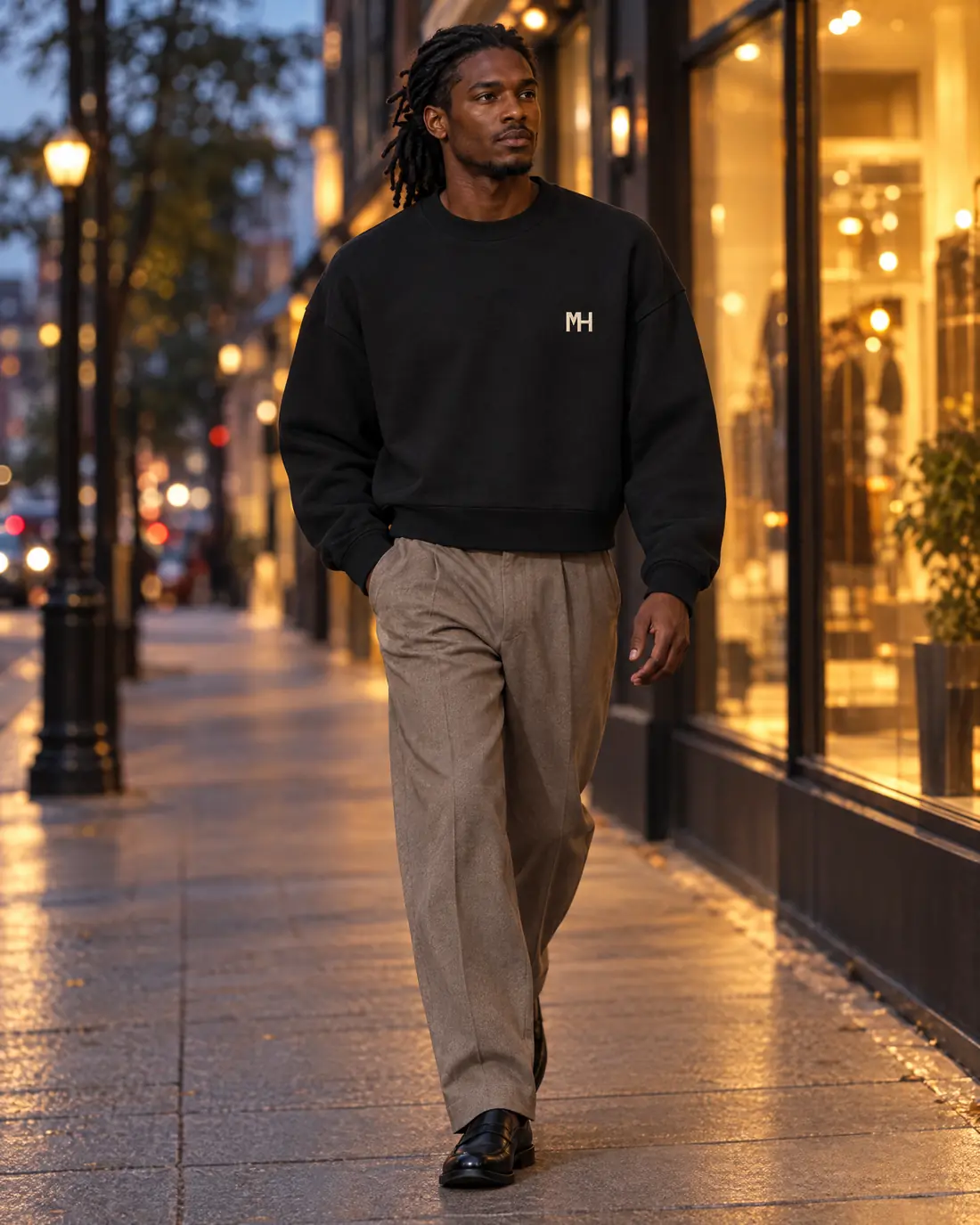 Melanin is not a trend: a man with dark skin and locs walking at dusk in a black Melanated Humans crewneck with a small MH monogram