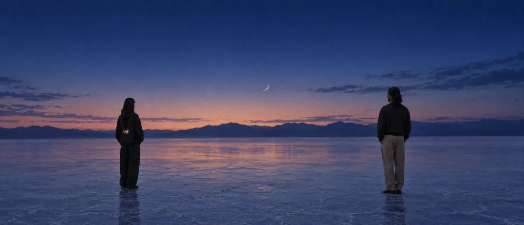 Two people in a black hoodie and a black crewneck standing far apart on a salt flat at blue hour under a crescent moon