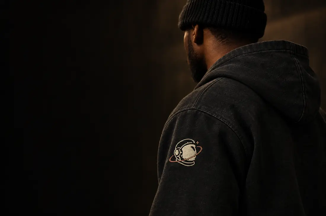 Man in a black beanie and washed-black hoodie with the MH astronaut embroidered in cream and copper on the upper sleeve