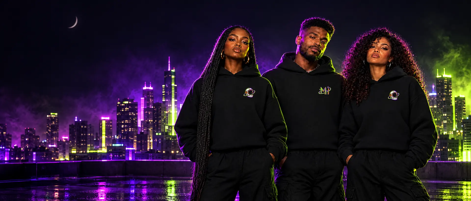 Three people on a night rooftop in black Neon Orbit hoodies with small neon emblems on the left chest