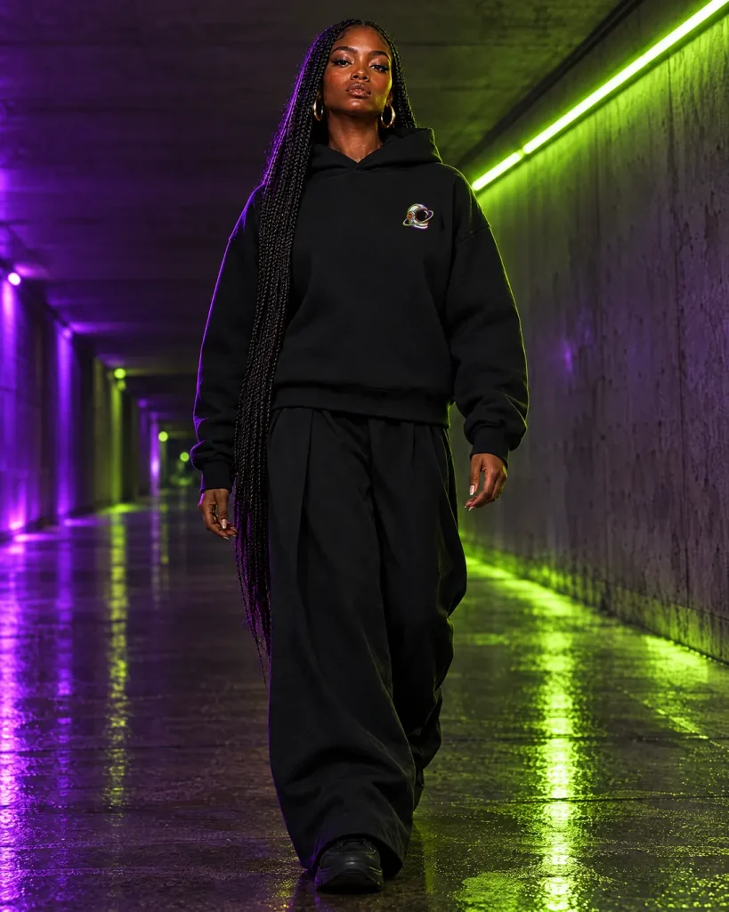 Woman with long braids walking through a neon-lit tunnel in the black hoodie with the neon astronaut on the left chest