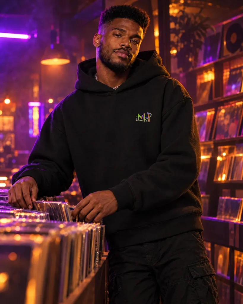 Man with a high-top fade in a neon-lit record shop wearing the black hoodie with the neon MH monogram on the left chest