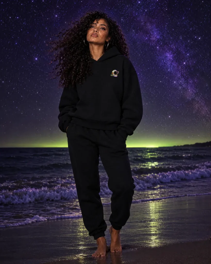 Woman with voluminous curls on a starlit beach in the black hoodie with the neon astronaut on the left chest