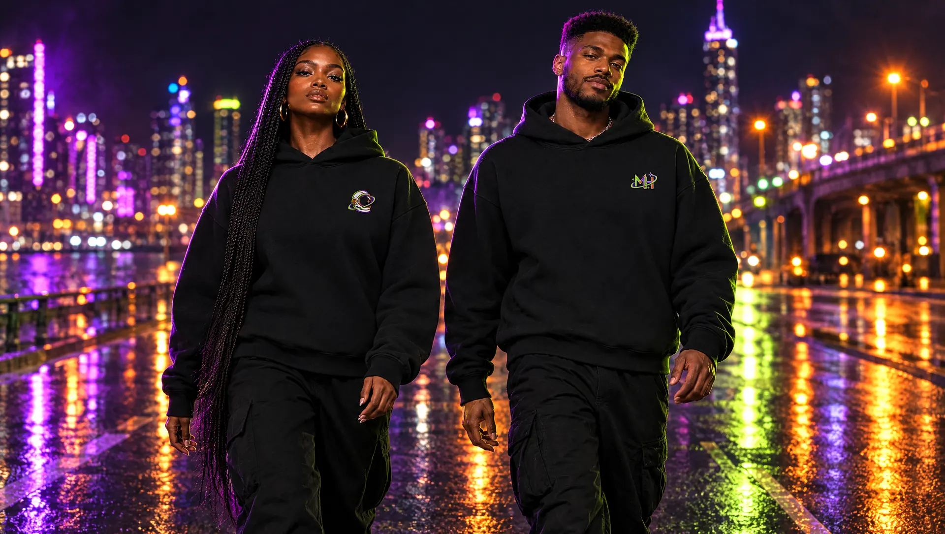 Two people walking a rain-slick neon street in black hoodies with neon MH emblems on the left chest