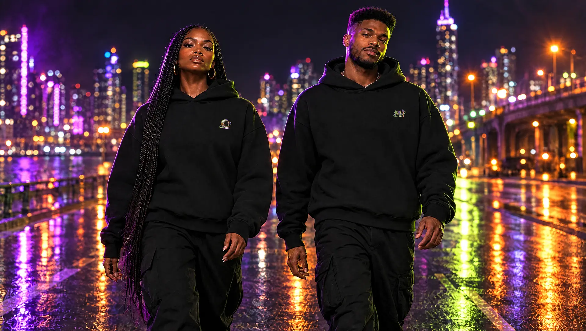Two people walking a rain-slick neon street in black hoodies with neon MH emblems on the left chest
