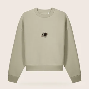 MH Astronaut Crewneck, khaki, front view, with a small espresso and copper MH astronaut at the centre chest