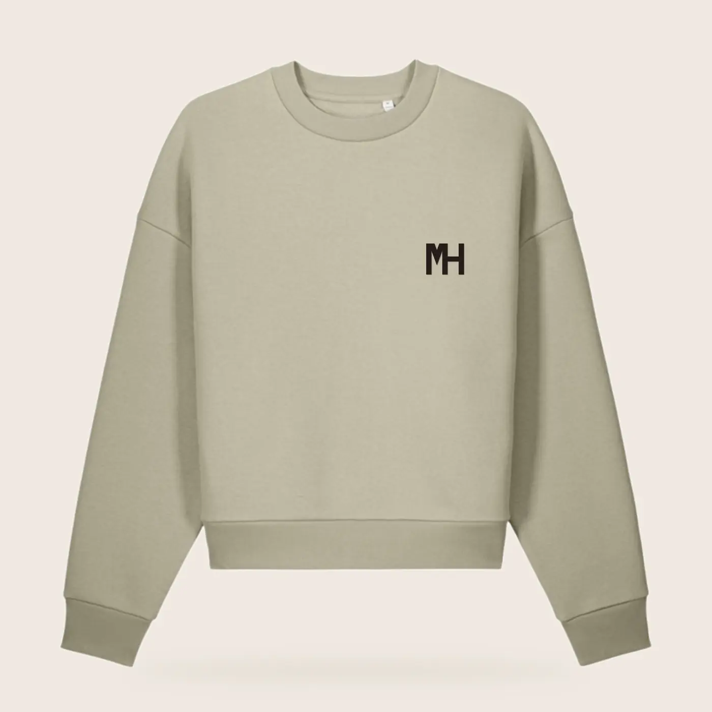 MH Essential Crewneck, khaki, front view, with a small espresso MH monogram at the left chest