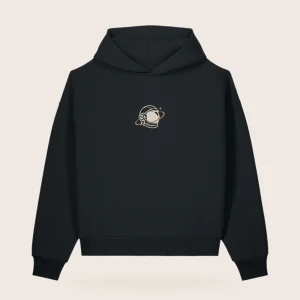 MH Astronaut Hoodie, black, front view, with a large cream and copper MH astronaut at the centre chest