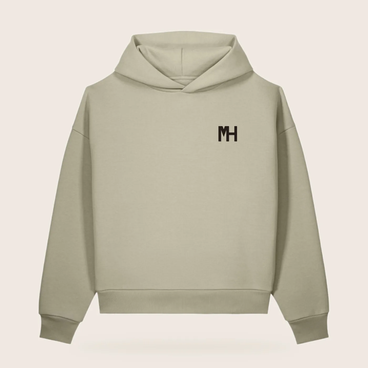 MH Essential Hoodie, khaki, front view, with a small espresso MH monogram at the left chest