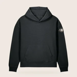 MH Explorer Hoodie, washed black, front view, with the MH astronaut in cream and copper on the upper sleeve