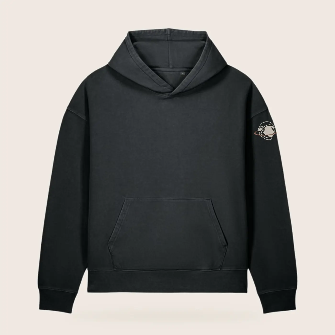 MH Explorer Hoodie, washed black, front view, with the MH astronaut in cream and copper on the upper sleeve