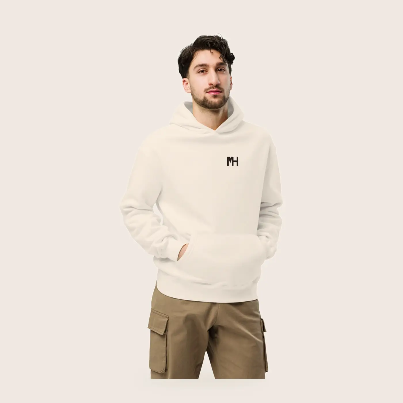 MH Relaxed Hoodie, bone, front view, with a small espresso MH monogram at the left chest