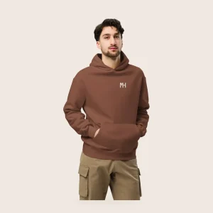 MH Relaxed Hoodie, chestnut, front view, with a small cream MH monogram at the left chest