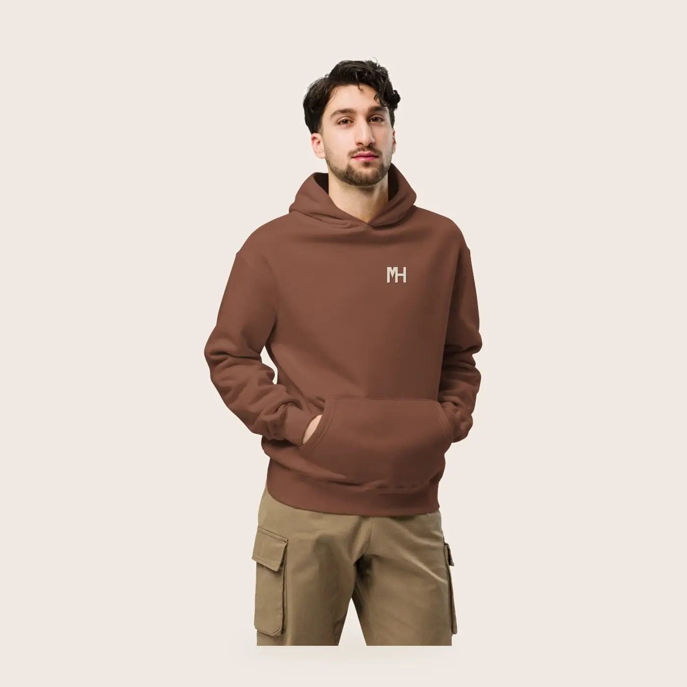 MH Relaxed Hoodie, chestnut, front view, with a small cream MH monogram at the left chest