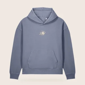 MH Washed Astronaut Hoodie, slate blue, front view, with a small cream MH astronaut at the centre chest