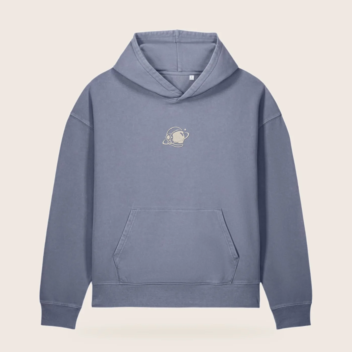 MH Washed Astronaut Hoodie, slate blue, front view, with a small cream MH astronaut at the centre chest