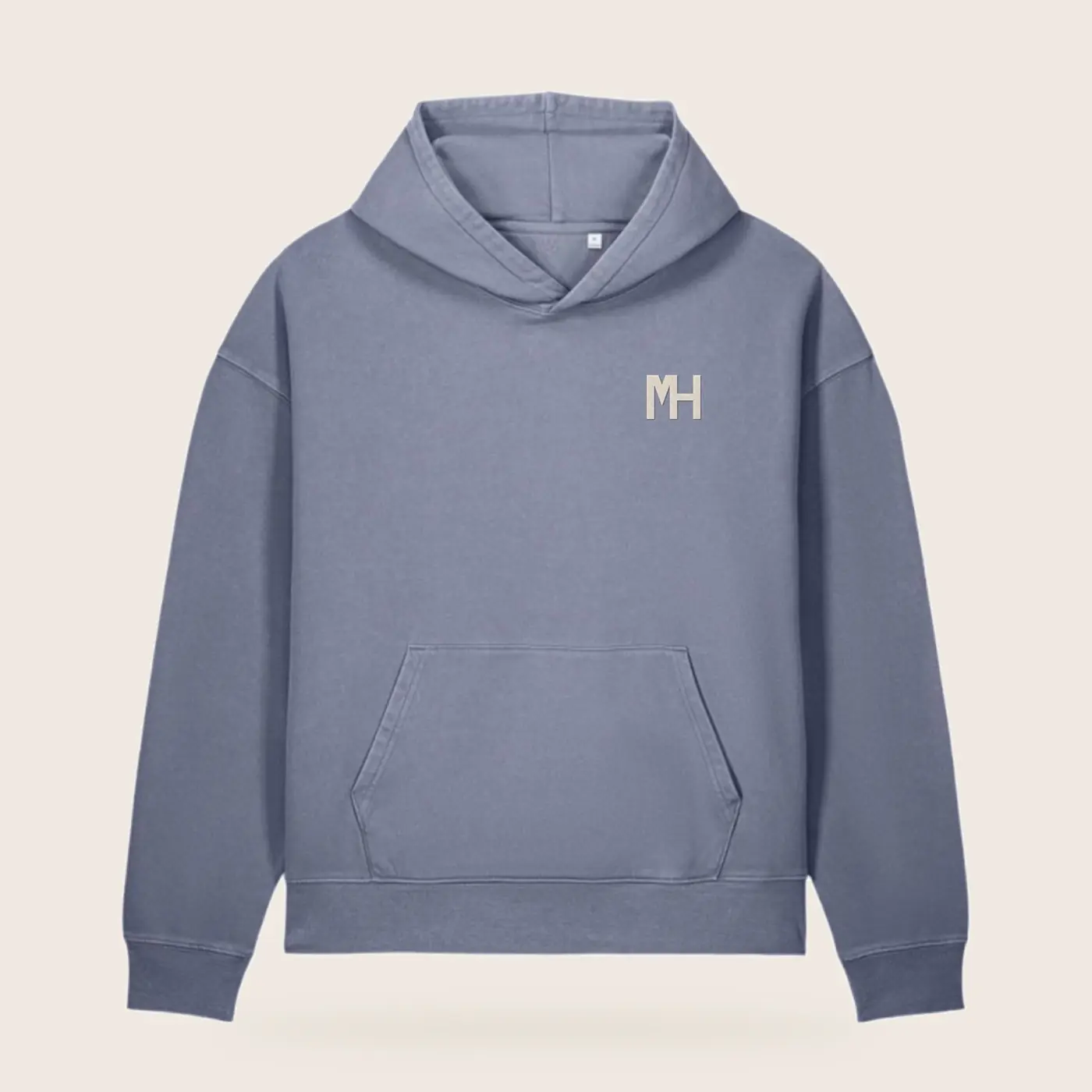 MH Washed Hoodie, slate blue, front view, with a small cream MH monogram at the left chest