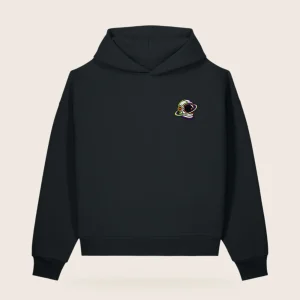 Black oversized hoodie with a neon astronaut-helmet emblem embroidered in white, lime, purple and orange at the left chest