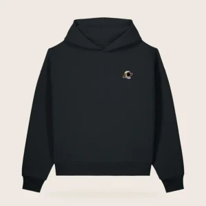 Black oversized hoodie with a neon astronaut-helmet emblem embroidered in white, lime, purple and orange at the left chest
