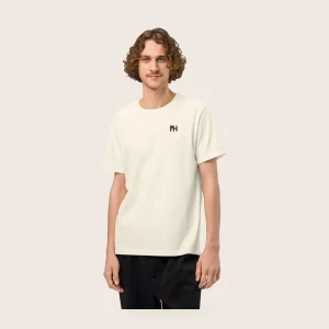 MH Essential Tee, bone, front view, with a small espresso MH monogram at the left chest