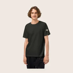 MH Explorer Tee, washed black, front view, with the MH astronaut in cream and copper on the upper sleeve