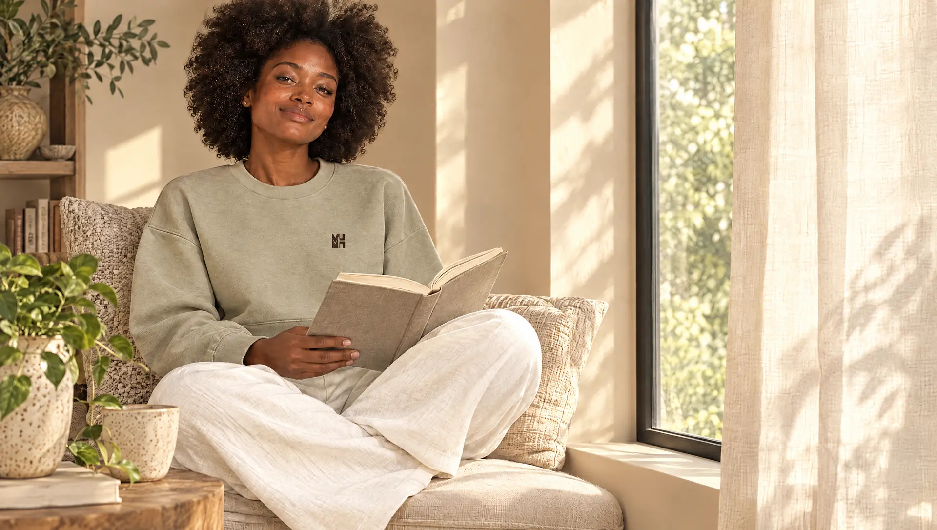 Woman with a natural afro reading on a window seat in a khaki crewneck with a small MH monogram